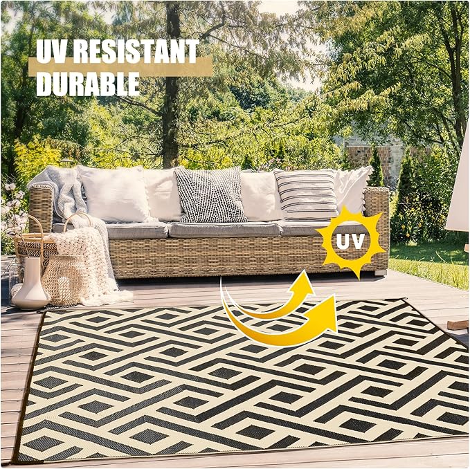Terrug Outdoor Rug Waterproof 8x10 Ft, Foldable Outdoor Plastic Straw Rug, UV Reversible Patio Rug Decor, Outdoor Area Rug for Camping, RV, Porch, Deck, Backyard, Balcony, Picnic, Black & Beige