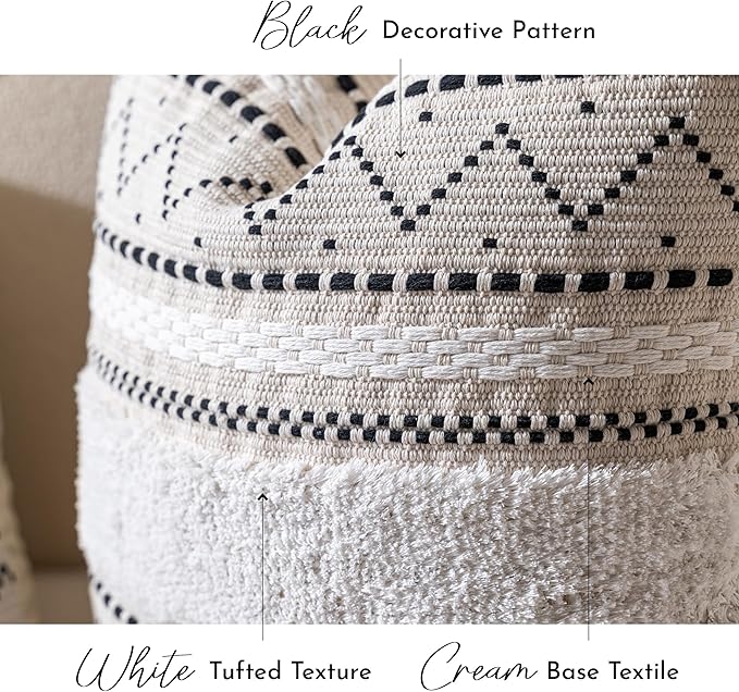 Decorative Throw Pillow Cover 18X18 Square Boho Black Neutral White Accent Pillowcase Tassels Farmhouse Cushion for Couch Sofa Bedroom Living Room Home Décor (Cover ONLY, Pack of 1)