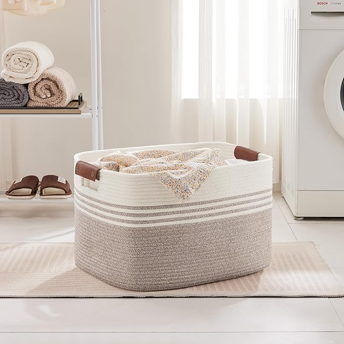 Laundry basket with leather handles for clothes,blankets,pillows,toys,towels,suitable for bedrooms and living rooms,cotton woven laundry hamper,extra large gift basket,24"x16"x14",Beige Brown