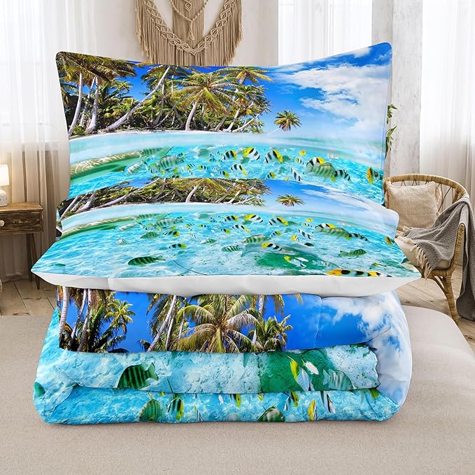 Tailor Shop Coastal Comforter Sets Coastal Bedding Sets Queen Size Beach Themed Fish Bedding Set Sea Ocean Bed Sets with 1 Comforter 2 Pillowcases…