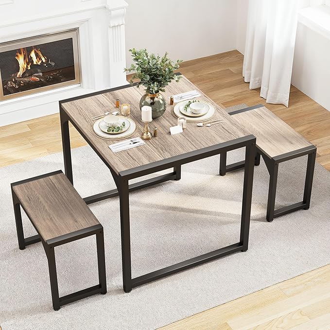 Gizoon Dining Table Set for 2, Kitchen Table Set for 2 with Steel Frame, Kitchen Table with 2 Benches for Small Space, Space Saving Design for Restaurant, Living Room, Grey