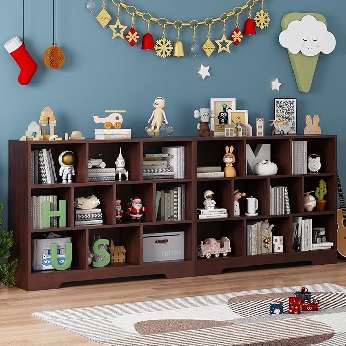 Book Shelf for Kids, 10 Cubes Storage Organizer Montessori Bookshelf, 3-Tier Wooden Kids Bookcase, Toy Storage Organizer for Children, Cherry Toddler Bookshelf Cube Shelf for Kid’s Room, Classroom