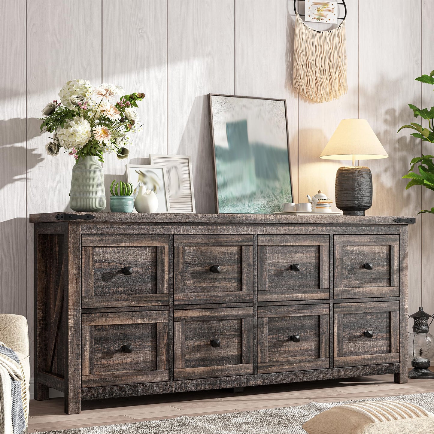 Romorgniz Farmhouse Dresser Dark Oak with 8 Drawers,Wood,Wide,Long,TV Stand for Bedroom Entryway Hallway