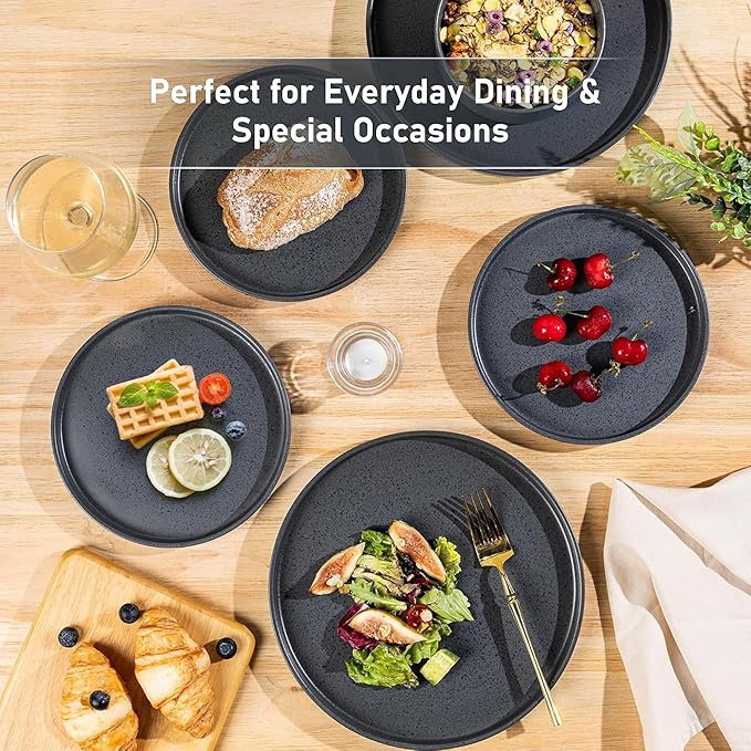 GBhome Ceramic Dinnerware Sets for 6, Matte Stoneware Plates and Bowls Sets,Chip and Scratch Resistant Dishes, Dishwasher & Microwave Safe, Oven safe,Reactive Glaze-Speckled Black
