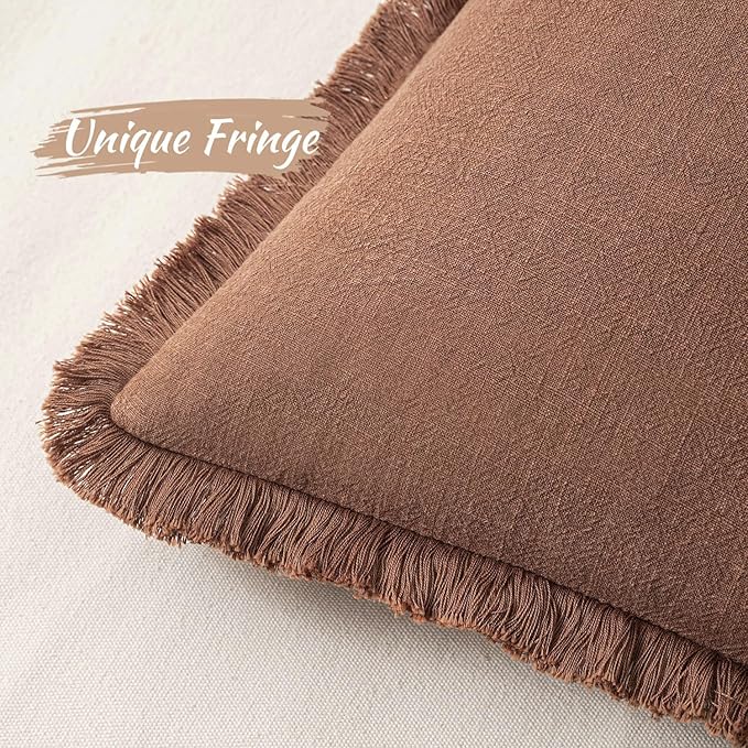 MIULEE Decorative Lumbar Throw Pillow Covers Neutral Linen Fringe Throw Pillows Set of 2 Brick Boho Farmhouse Cushion Covers with Tassels for Couch Sofa Bed Living Room Spring Home Decor 12x20 Inch