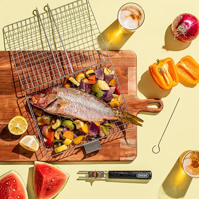 SHIZZO Grill Basket Set, Barbecue BBQ Grilling, Stainless Steel Folding Portable Outdoor Camping Rack for Fish, Shrimp, Vegetables, Cooking Accessories, Gifts for Dad, husband, Friends