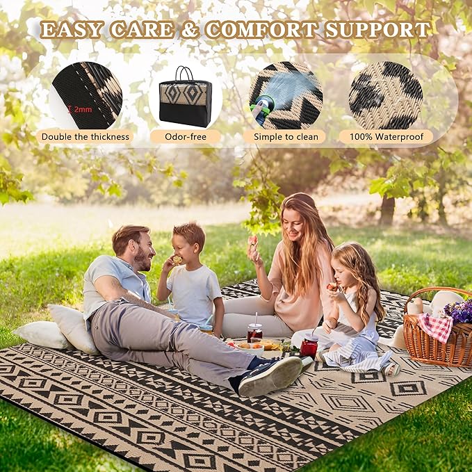 Wallona Outdoor Rugs 5x8 ft Patio Waterproof Clearance Indoor Outdoor Carpet for Patio Plastic Straw Reversible Area Rugs Mat for RV, Camping, Balcony, Beach, Picnic, Porch, Boho Black & Beige