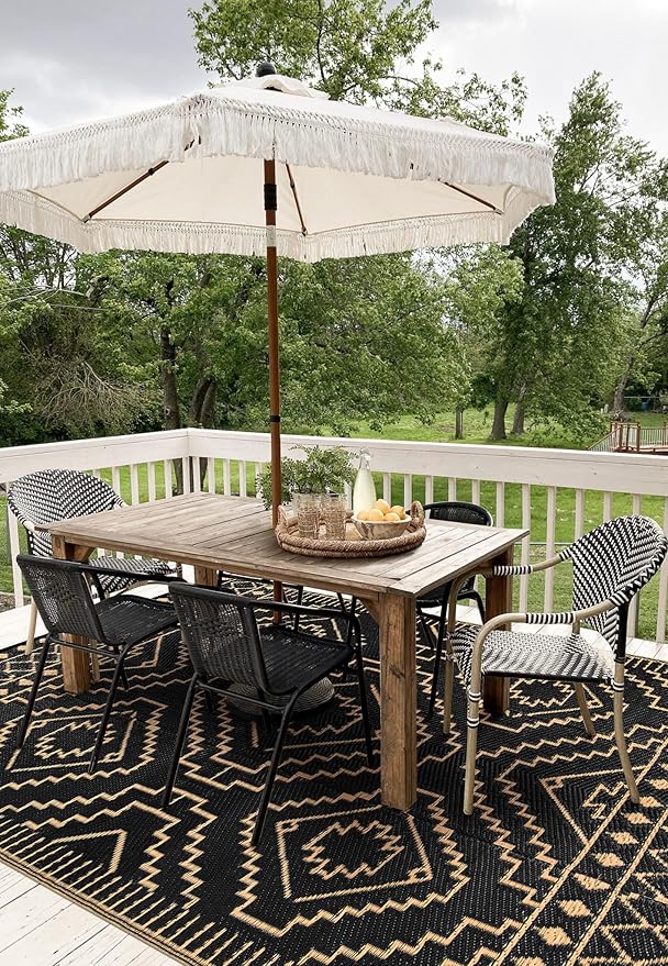 Wonnitar 8x10 Outdoor Rug, Large Waterproof Reversible Outdoor Patio Area Rug, Indoor/Outdoor Plastic Straw Portable Camping Rug for Outside RV Balcony Garden Deck (Black & Brown,8'x10')