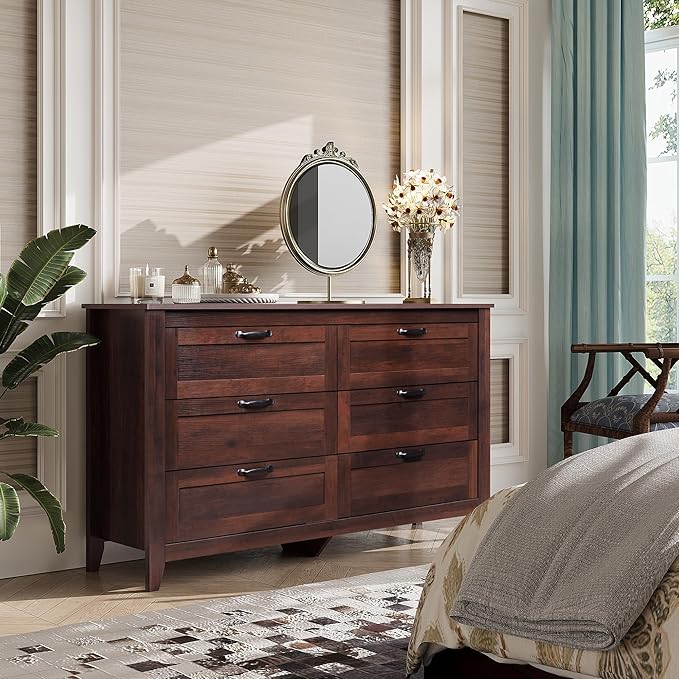 WLIVE Wood Dresser for Bedroom, Double 6 Drawer Dresser with Metal Handle, Large Wooden Chest of Drawers for Living Room, Hallway, Closet, Rustic Brown