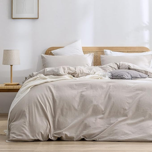 BESTOUCH Duvet Cover Set 100% Washed Cotton Linen Feel Super Soft Comfortable Chic Lightweight 3 PCs Home Bedding Set Solid Linen Grey Cal King