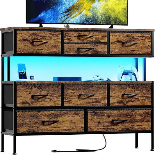 REAHOME Dresser TV Stand with Charging Station and LED Lights, 55” TV Stand Entertainment Center with 9 Drawers, Steel Frame, Large Storage Chest of Drawers for Bedroom, Living Room, Rustic Brown