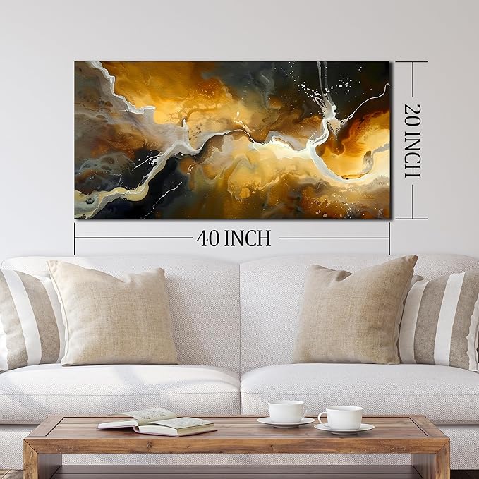 CANEITO Abstract Wall Art for Bedroom, Marble Canvas Wall Decor for Living Room, Black and Gold Picture Print Artwork for Office, Size 40 x 20 Inches