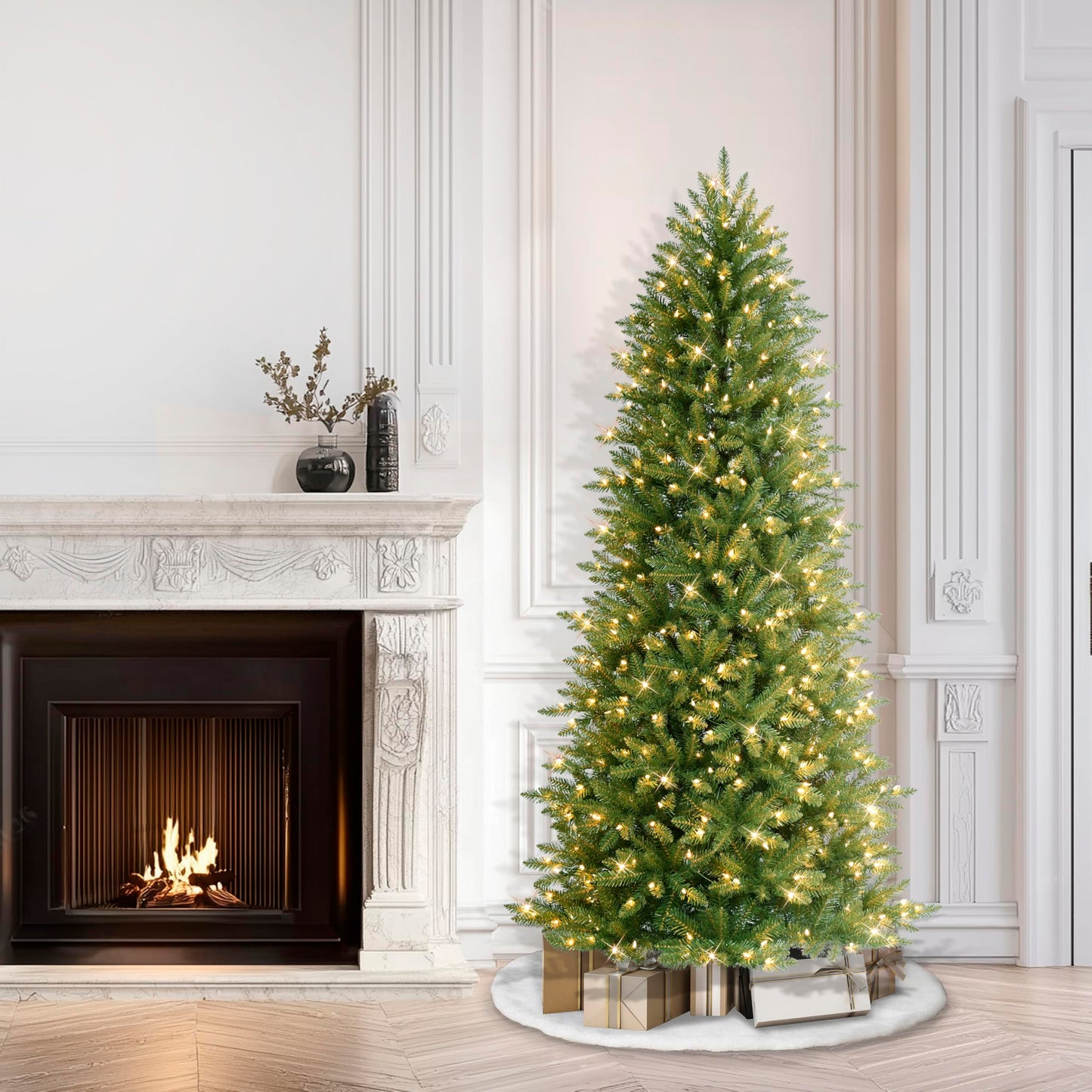 Puleo International 6.5 Foot Pre-Lit Slim Fraser Fir Artificial Christmas Tree with 350 UL Listed Clear Lights, Green