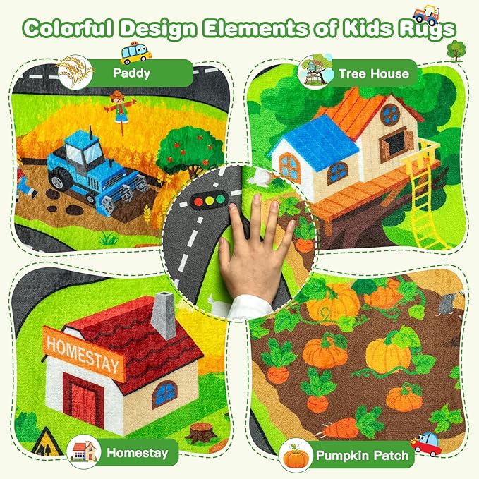 Kids Farm Play Rug, 4x6 Ft Happy Farm Activity Playmat, Extra Thick (0.4in) - Non-Slip Car Rugs for Kids' Toy Cars, Educational Play Mat Race Track Carpet for Kid's Room, Bedroom and Learning
