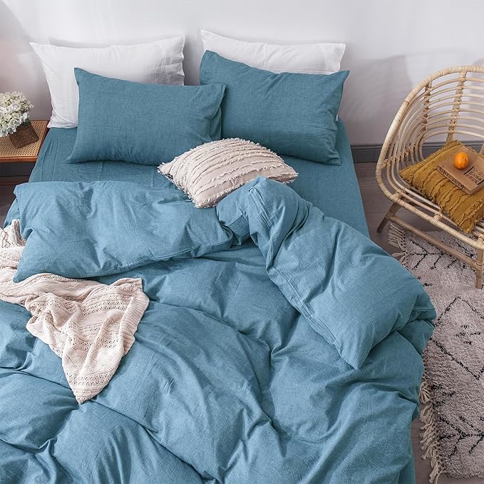 MooMee Bedding Duvet Cover Set 100% Washed Cotton Linen Like Textured Breathable Durable Soft Comfy (Heathered Peacock Blue, Oversized Queen 98"x98")