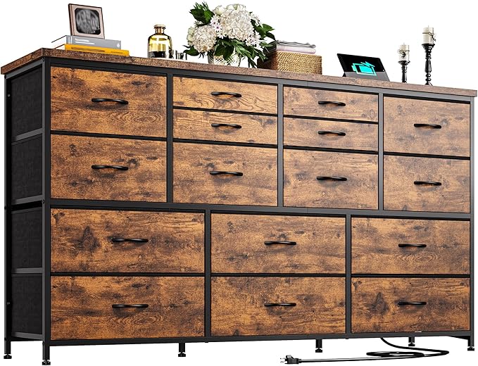 Dresser for Bedroom with 16 Fabric Drawers Long Dresser with Charging Station TV Stand for 60" TV Dressers & Chest of Drawers for Bedroom, Living Room, Closet, Rustic Brown