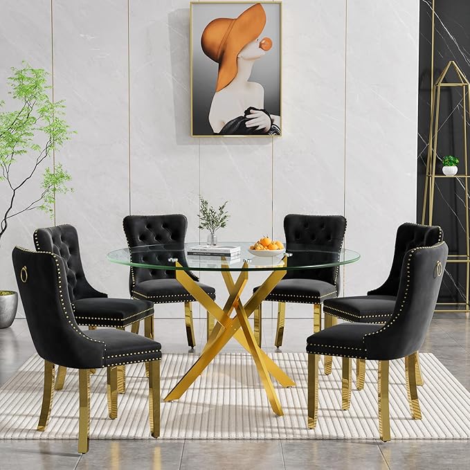 Goujxcy Round Dining Table Set for 6, Modern Glass Kitchen Table and Chairs Set of 6, 7-Piece Dining Room Table Set w/47 Circle Gold Glass Dining Table and 6 Upholstered Velvet Chairs