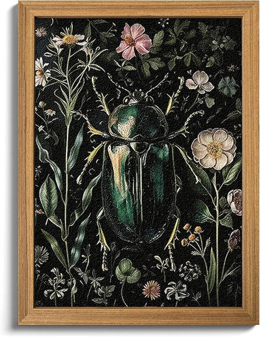 Framed Vintage 3D Textured Wall Art - Gothic Dark College Beetle Wall Decor - Hand Drawn Sandstone Nature Botanical Pictures for Living Room Bedroom Home Decor 8x10in
