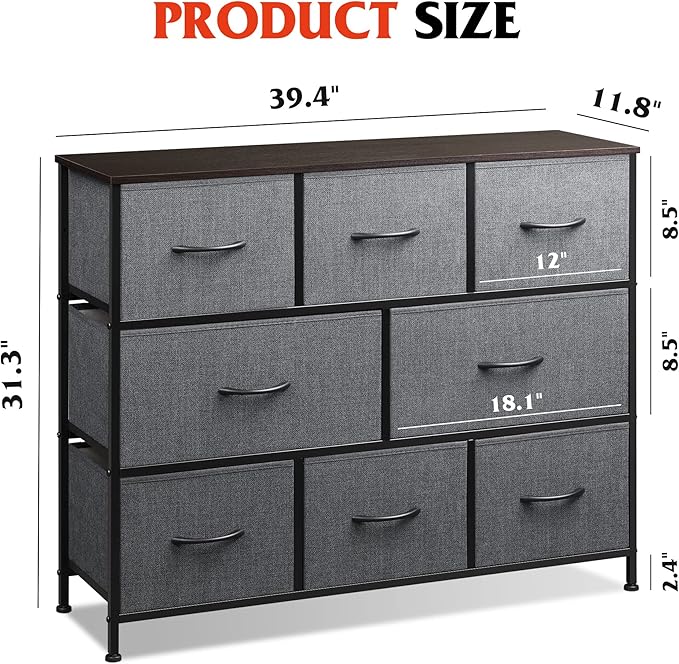 WLIVE 8 Drawer Dresser for Bedroom, Fabric Dresser with Large Storage Drawer Unit for Entryway, Chest of Drawers for Living Room, Dark Grey