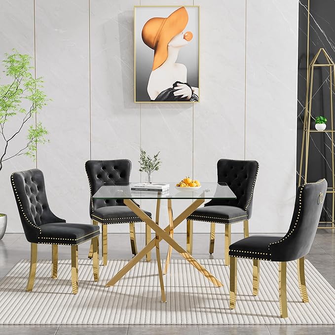 Goujxcy Glass Dining Table Set for 4, Modern Kitchen Table and Chairs Set of 4, 5-Piece Kitchen Dining Room Table Set w/36 Square Gold Glass Dining Table and 4 Black Velvet Upholstered Chairs
