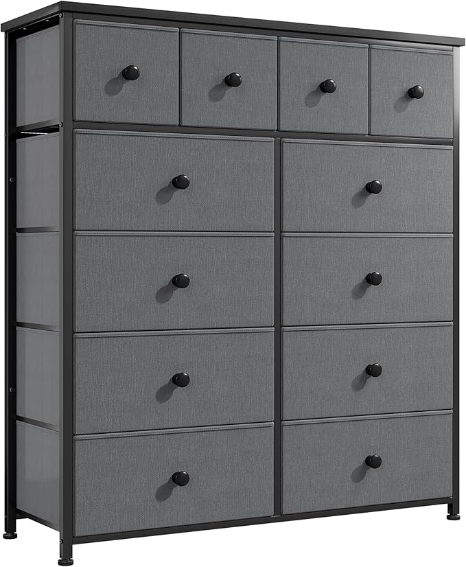 Dresser for Bedroom with 12 Drawers Tall Dressers for Bedroom Fabric Dressers & Chest of Drawers with Sturdy Metal Frame, Wood Top, for Woman, Closet, 40.6" W x 11.8" D x 44.5" H (Grey)