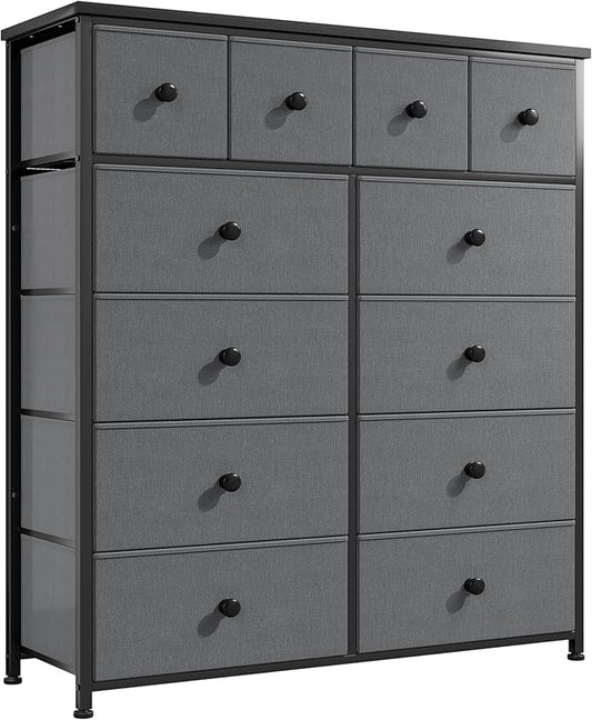 Dresser for Bedroom with 12 Drawers Tall Dressers for Bedroom Fabric Dressers & Chest of Drawers with Sturdy Metal Frame, Wood Top, for Woman, Closet, 40.6" W x 11.8" D x 44.5" H (Grey)