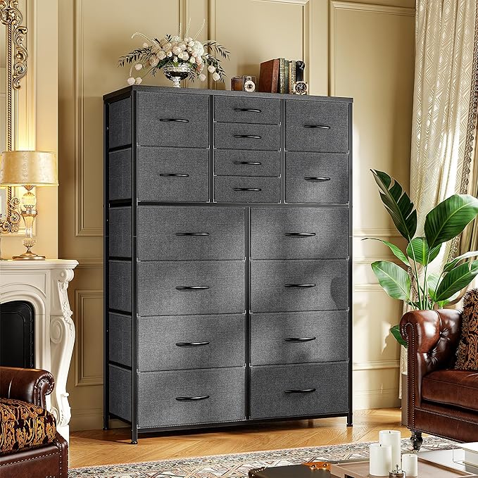 57“H Tall Dresser for Bedroom with 16 Drawers,Fabric Dressers & Chests of Drawers for Bedroom,Large Dresser for Closet,Sturdy Metal Frame & Wood Top,Entryway, Hallway(Grey)