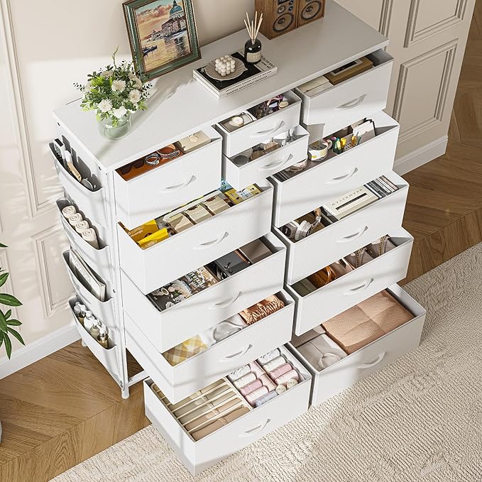 EnHomee Dresser for Bedroom with 12 Drawers, Tall Dressers & Chest of Drawers with Side Pockets, Fabric Dresser for Bedroom, Closet, Hallway, Living Room, Sturdy Metal Frame, Wood Top, White