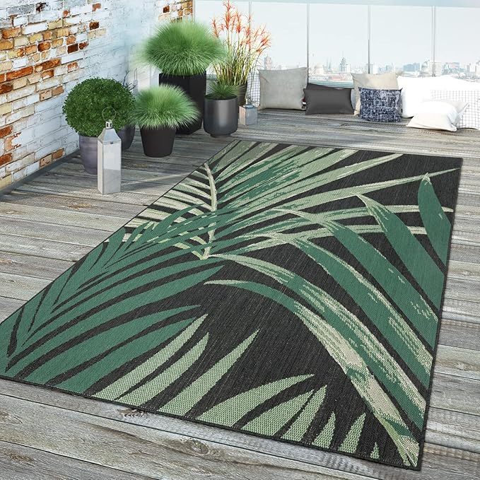 Tropical Outdoor Rug Palm Tree & Jungle Design Flatweave in Black Green, Size: 4'7" x 6'7"