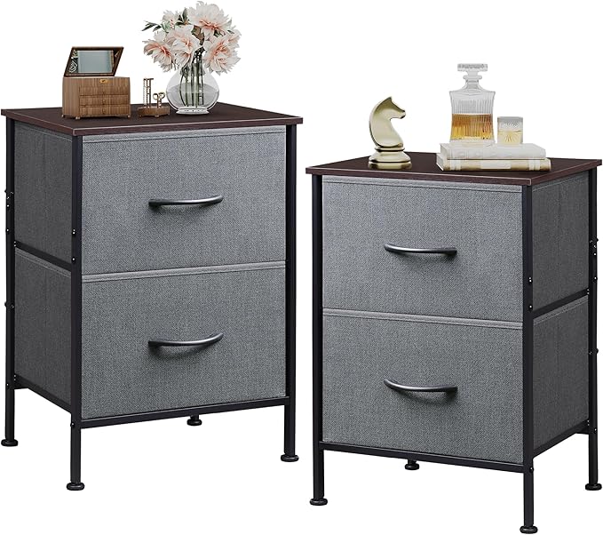 WLIVE Night Stand Set 2, Dresser and Nightstand Sets, Small Dresser for Bedroom with 2 Drawers, End Table with Fabric Bins for Closet, Bedside Furniture, College Dorm, Dark Grey