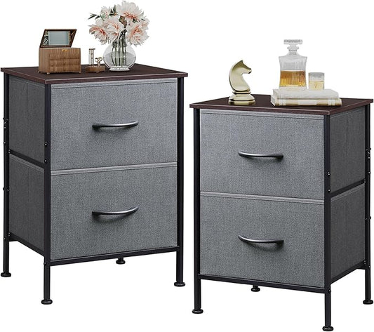 WLIVE Night Stand Set 2, Dresser and Nightstand Sets, Small Dresser for Bedroom with 2 Drawers, End Table with Fabric Bins for Closet, Bedside Furniture, College Dorm, Dark Grey