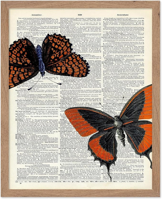 Poster Master Dictionary Art Poster - Butterflies Print - Moth Art - Butterfly Art - Insect Art - Gift for Men, Women & Animal Lover - Chic Decor for Living Room or Bedroom, 8x10 Beige Framed