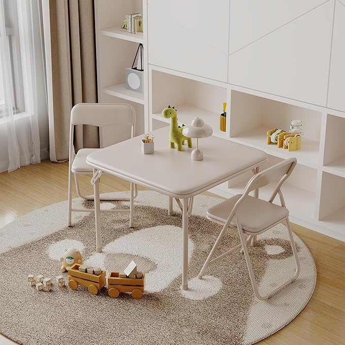 GarveeHome Boys and Girls Folding Table and Chair Set of 3, Featuring a Portable Table and Chairs with Soft Pu Cushions. No Assembly is Required, Perfect for Eating, Reading and Playing,Beige.