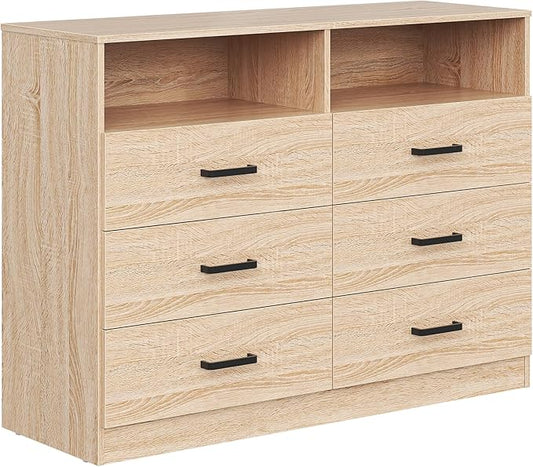 Bigbiglife 6 Drawers Dresser for Bedroom Wooden Drawer with Open Storage Cubby, Double Wide Dresser Organizer for Bedroom, Living Room, Entryway, Hallway (Light Oak)