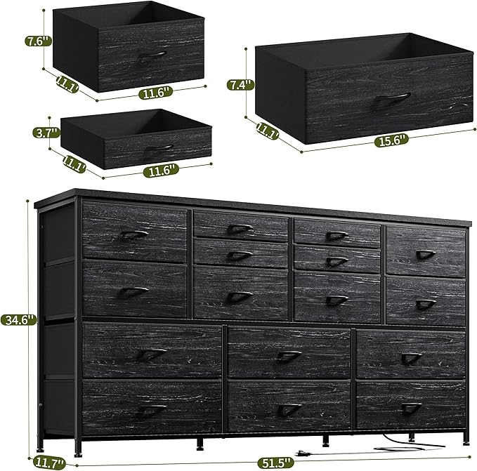 EnHomee Dressser for Bedroom Dresser with 16 Drawers TV Stand for Bedroom for 60" TV Long Dressers & Chests of Drawers Large Dresser with Charging Station, 51.5" W*11.7" D*34.6" H, Charcoal Black