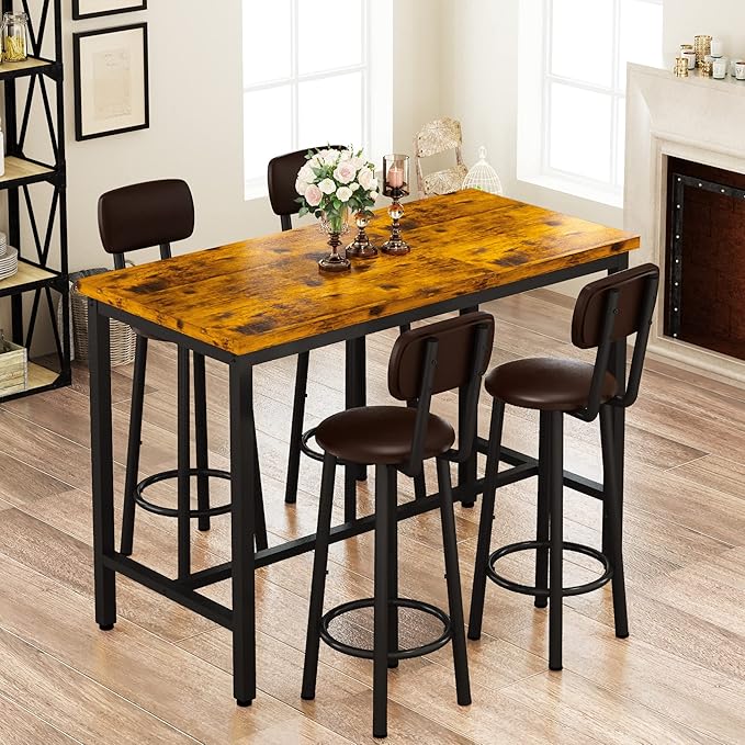 Lamerge Dining Table Set for 4 Bar Table and Chairs Set Industrial Counter Height Dining Table Set with 4 PU Upholstered Stools Kitchen Pub Table for Kitchen, Restaurant, Space Saving, Rustic Brown