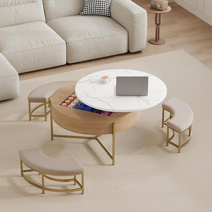 WILLIAMSPACE 31.5" Lift Top Coffee Table Set with Storage & 3 Upholstered Nesting Ottoman, Modern Round Marble Coffee Table Accent Center Table for Living Room, Apartment, White & Natural