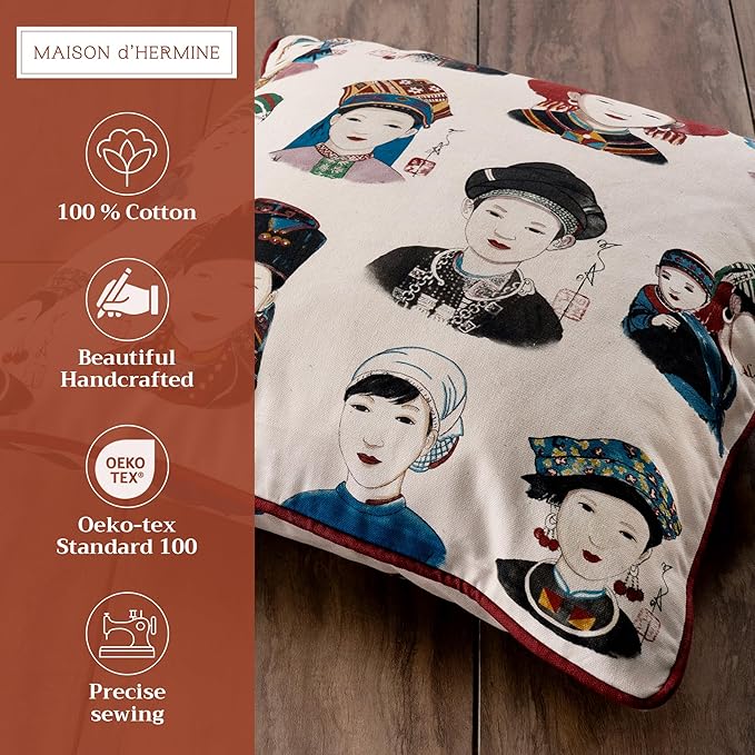 Maison d' Hermine Decorative Pillow Covers 20x20 Inch Square 100% Cotton Throw Pillow Covers with Invisible Zipper Cushion Case for Living Room Couch, Chair, Sofas, Bedroom, Home (Pupeo People)