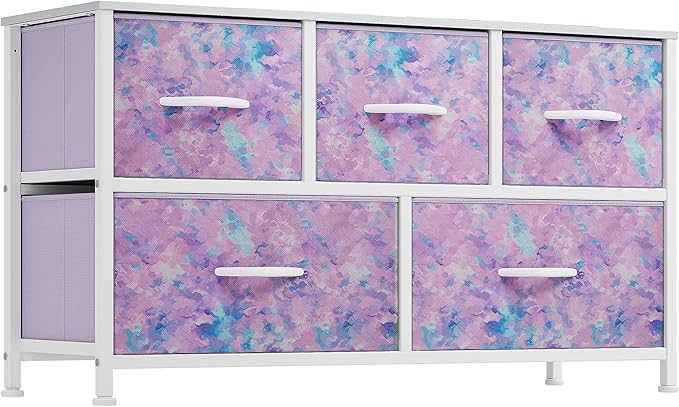 DWVO Dresser with 5 Drawers - Fabric Storage Tower, Organizer Unit for Bedroom, Living Room, Closets - Sturdy Steel Frame, Wooden Top (Purple)