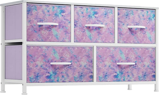 DWVO Dresser with 5 Drawers - Fabric Storage Tower, Organizer Unit for Bedroom, Living Room, Closets - Sturdy Steel Frame, Wooden Top (Purple)