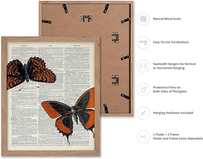 Poster Master Dictionary Art Poster - Butterflies Print - Moth Art - Butterfly Art - Insect Art - Gift for Men, Women & Animal Lover - Chic Decor for Living Room or Bedroom, 8x10 Beige Framed