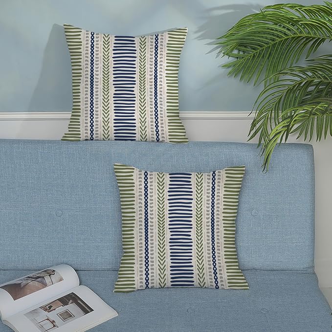 Boho Pillow Covers 18x18 Set of Blue Sage Green Stripes Throw Pillow Covers Outdoor Decoration, Abstract Modern Bohemian Farmhouse Linen Decorative Cushion Cover for Home Sofa Couch