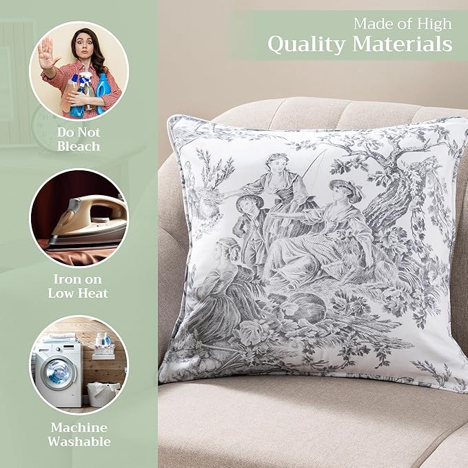 Maison d' Hermine Decorative Pillow Covers 18 x 18 Inch Square 100% Cotton Throw Pillow Covers with Invisible Zipper for Couch, Chair, Sofas, Bedroom, Home (The Miller - Paloma Grey (White))
