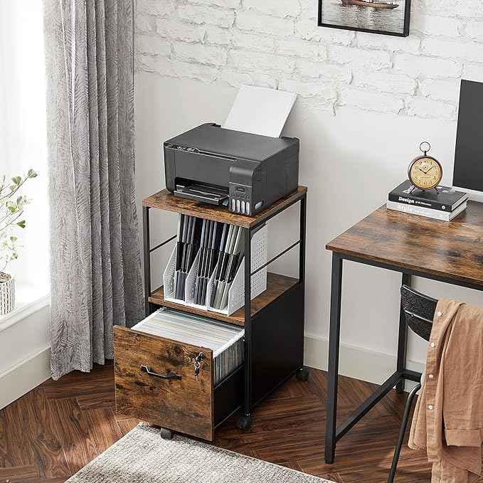 VASAGLE 1 Drawer File Cabinet with Lock, Printer Stand, Office Filing Cabinet Organizer, for A4 and Letter Size Documents, Rustic Brown and Black UOFC044B01