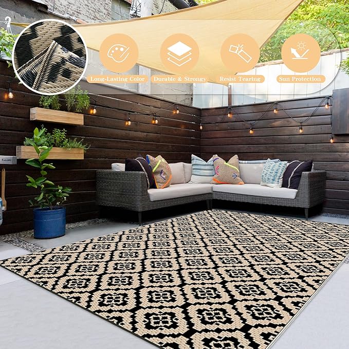 Wallona Outdoor Rugs 5x8 ft Patio Waterproof Clearance Indoor Outdoor Carpet for Patio Plastic Straw Reversible Area Rugs Mat for RV, Camping, Balcony, Beach, Picnic, Porch, Brick Black & Beige