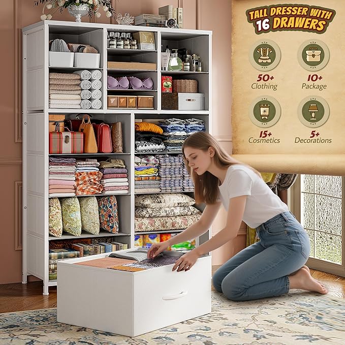 57“H Tall Dresser for Bedroom with 16 Drawers,Dressers & Chests of Drawers for Bedroom,Large White Dresser for Closet,Sturdy Metal Frame & Wood Top,Entryway, Hallway