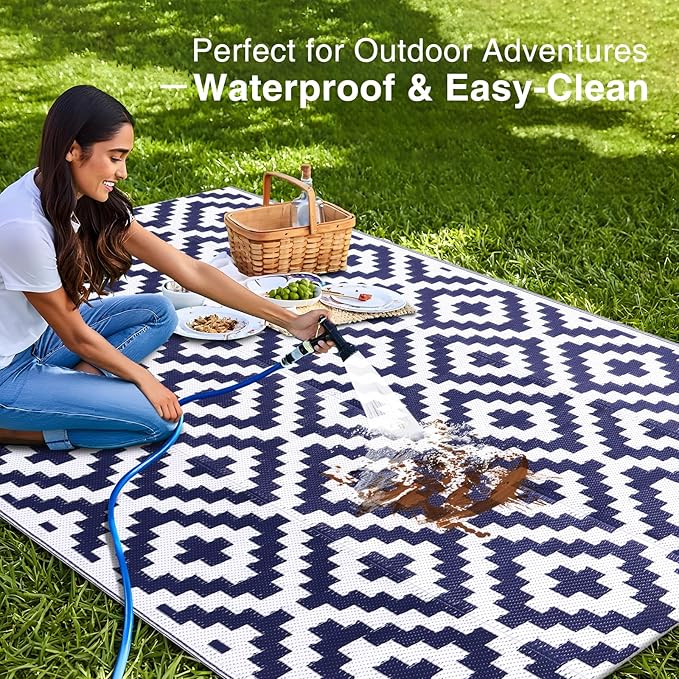 OLANLY Waterproof Outdoor Rug 5x8 ft, Outdoor Plastic Straw Rug for Camping, RV Mat Outside, Indoor Outdoor Carpet for Porch, Deck, Backyard, Balcony, Picnic, Navy & White