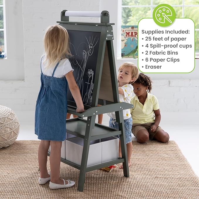 Little Partners Deluxe Learn 'N Play Toddler Easel for Kids, Two-Sided Art Center with Chalkboard, Magnetic Dry Erase Whiteboard, Paper Feed, Storage Bins, Paint Containers (Olive Green)