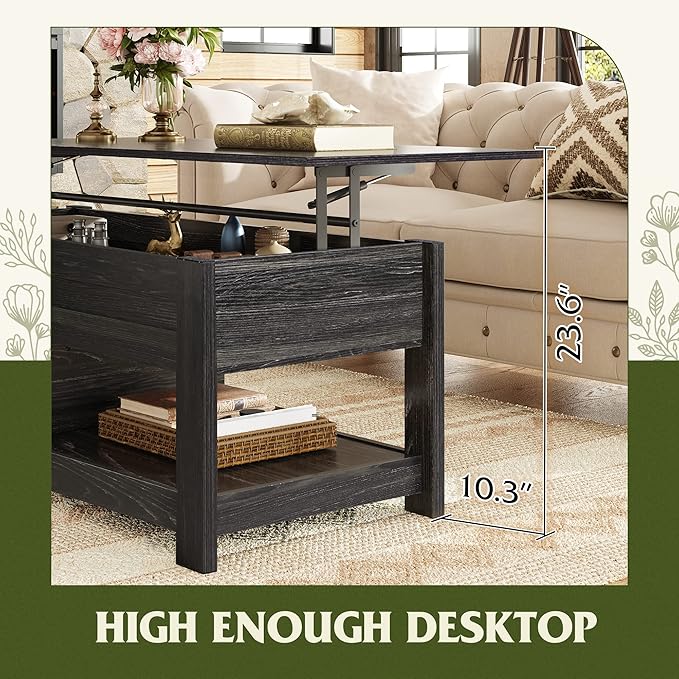 WLIVE Coffee Table, 47" Lift Top Coffee Table with HiddenCompartment and 2 Storage Shelves for Living Room, Espresso