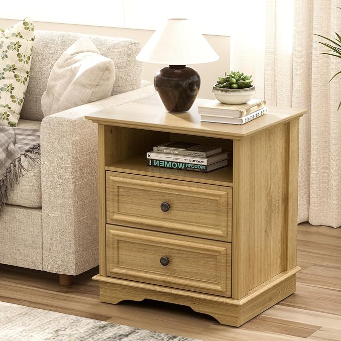 XIAO WEI Nightstand with Hidden Drawer, 2-Drawer Nightstand with Open Shelf – Sturdy Wood Bedroom End Table for Storage, Modern Furniture for Bedroom Organization, Natural Wood